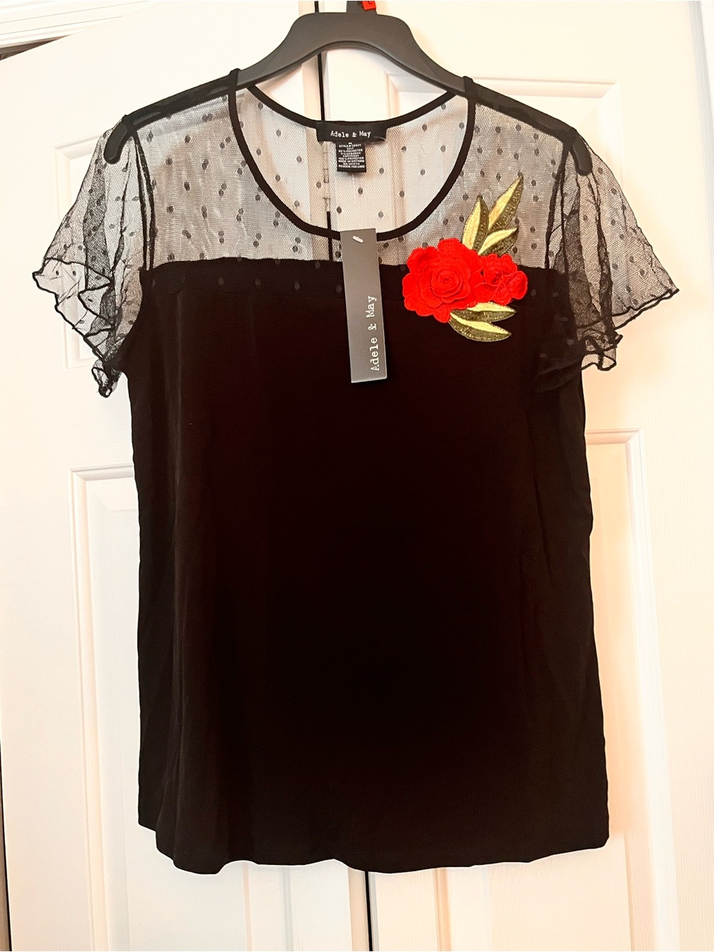 Adele & May Black Sheer-Yoke Top with Red Floral Applique